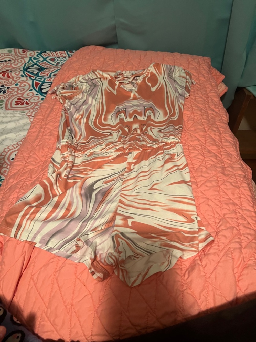 Girls' Marble-Print Coral & Cream Romper